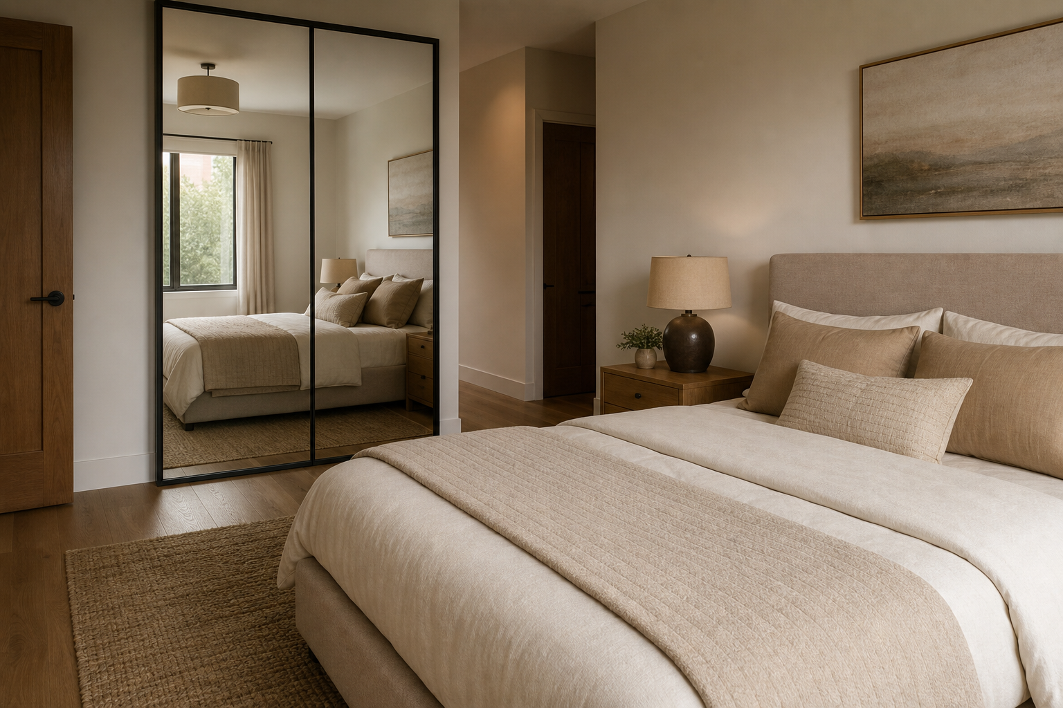Sample bedroom with a mirrored wardrobe reflecting the bed, used only to show what a report looks like — not your room.
